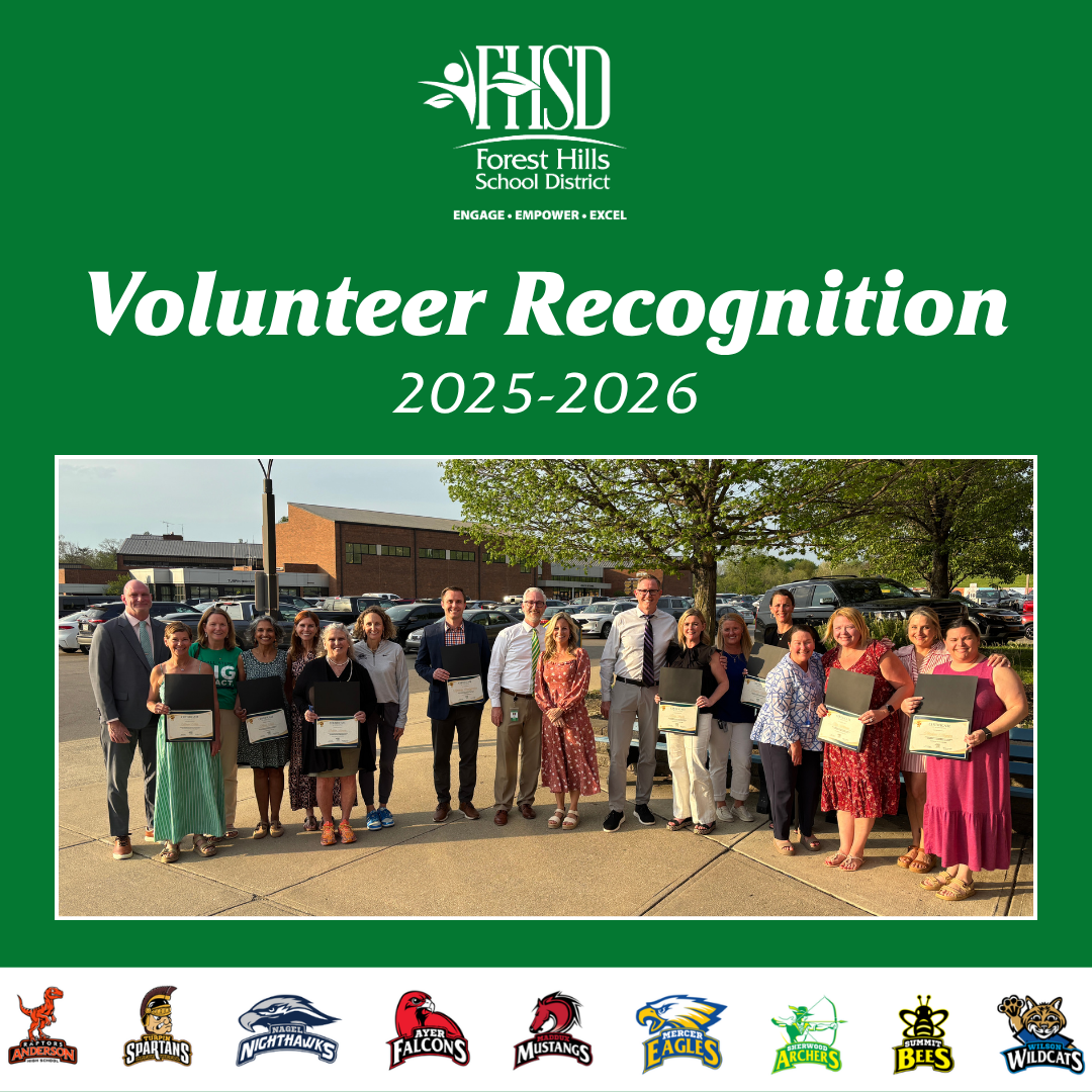 article cover with group photo of outstanding volunteers and principals with FHSD logo, school photos and text that says "volunteer recognition 2025-2026"